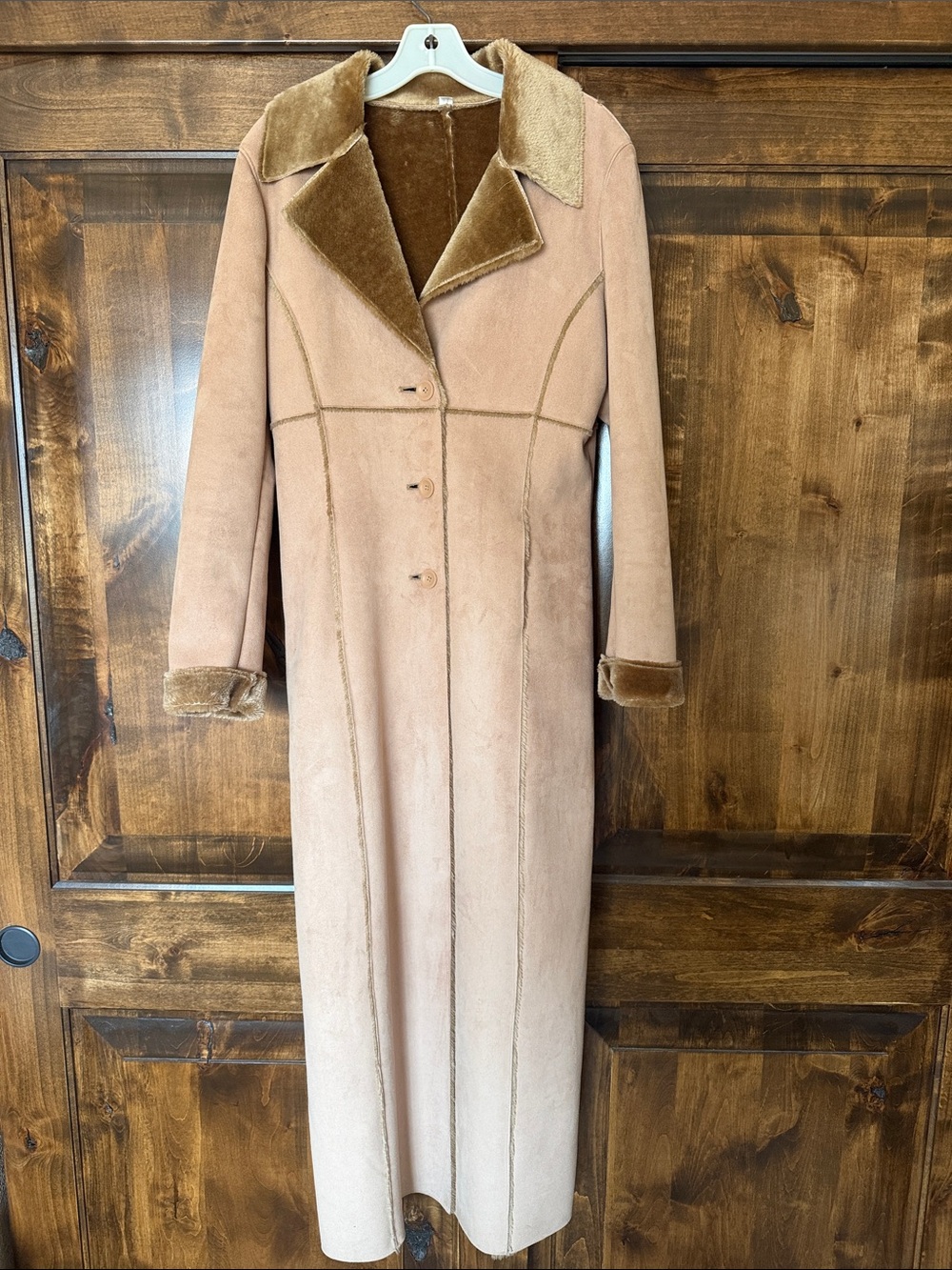 Vintage bebe Faux Suede Shearling Maxi Coat Long Taupe Trench Coat Notched Lapel